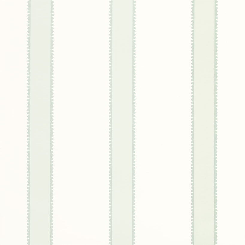 A close-up of a striped fabric or wallpaper pattern featuring vertical stripes in pale sage green and off-white with a subtle dotted border detail.