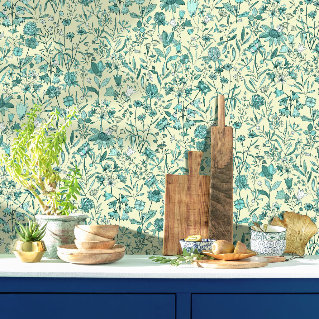 Jardin de Giverny White Blue wallpaper in a styled room