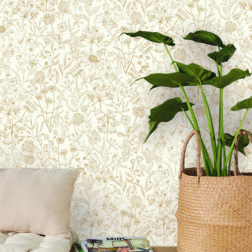 Jardin de Giverny White Gold wallpaper in a styled room