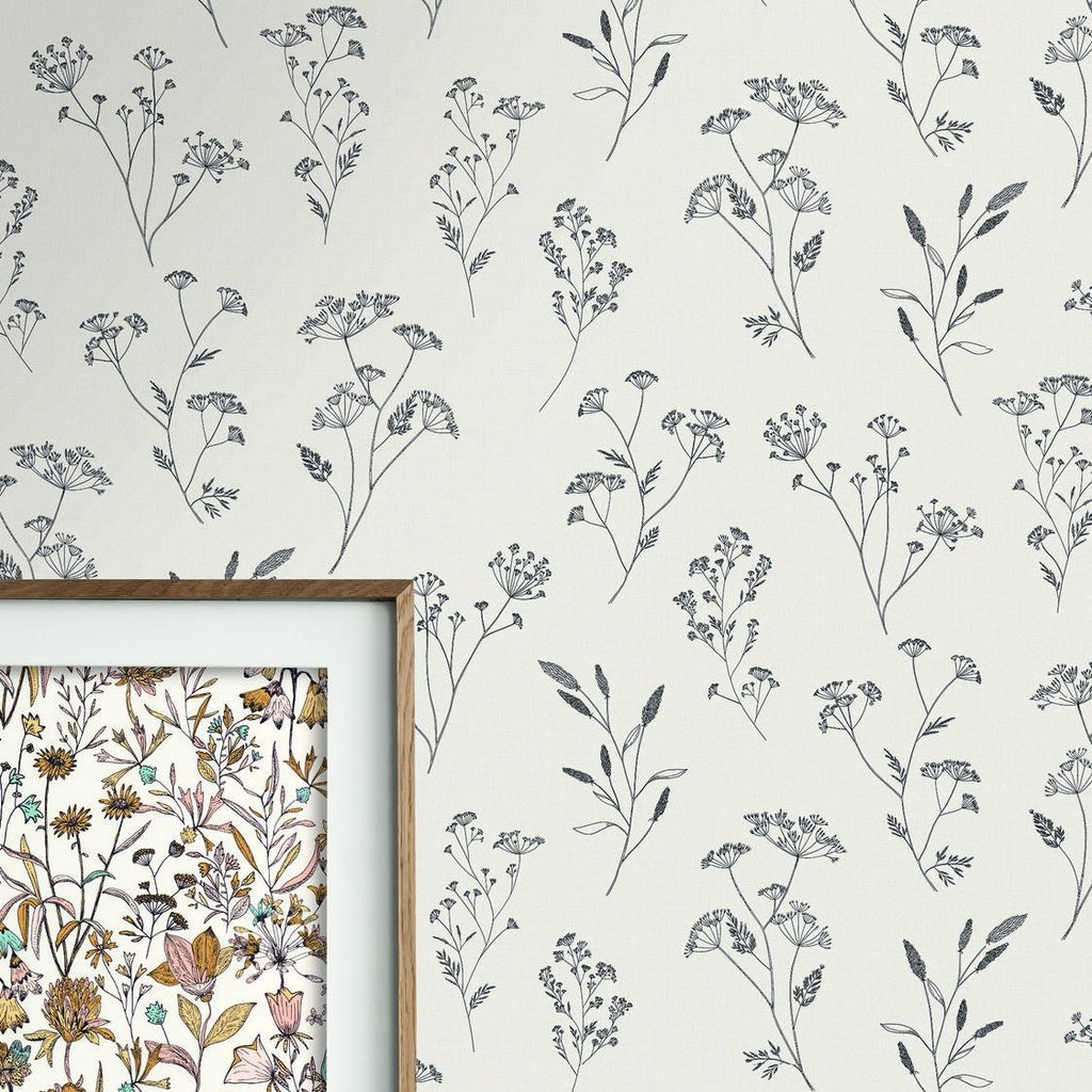 Little Graminea Grey White botanical wallpaper