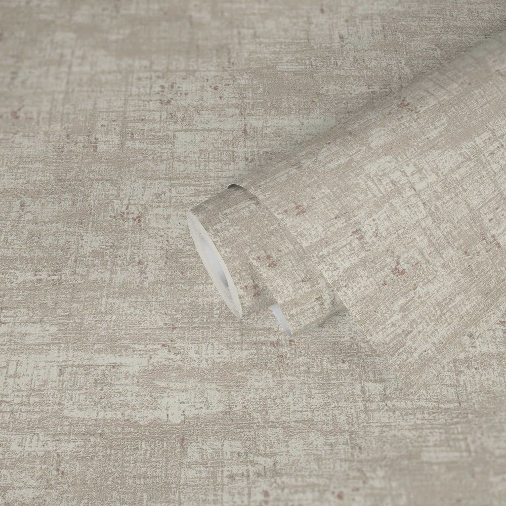 Roll of textured beige wallpaper with a slight pattern