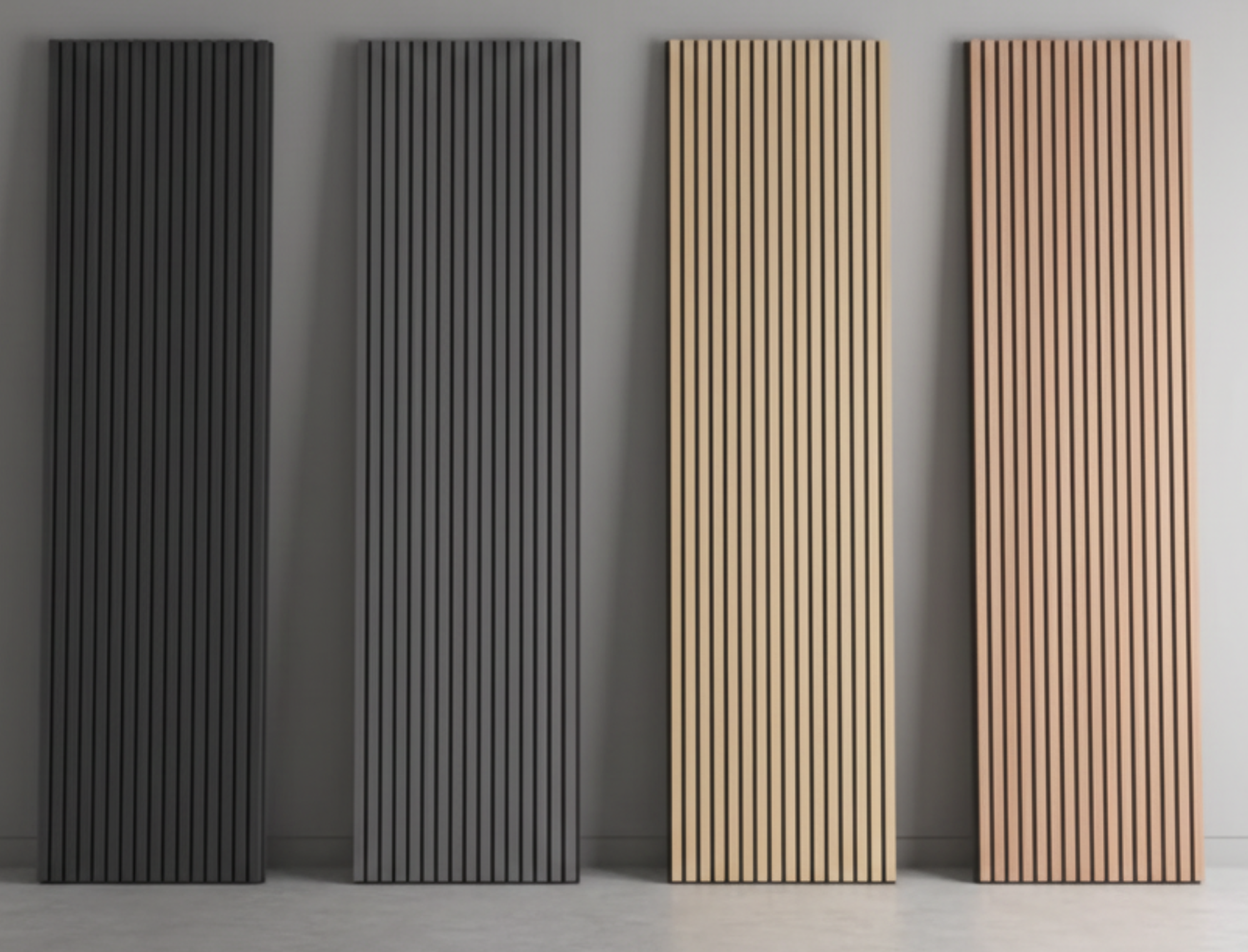 Four vertical acoustic slat wall panels in different colours on a plain background