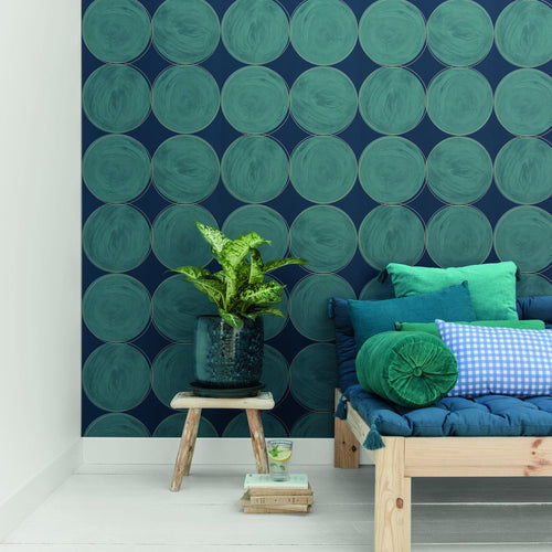 All Around Teal Blue Gold wallpaper in a styled room