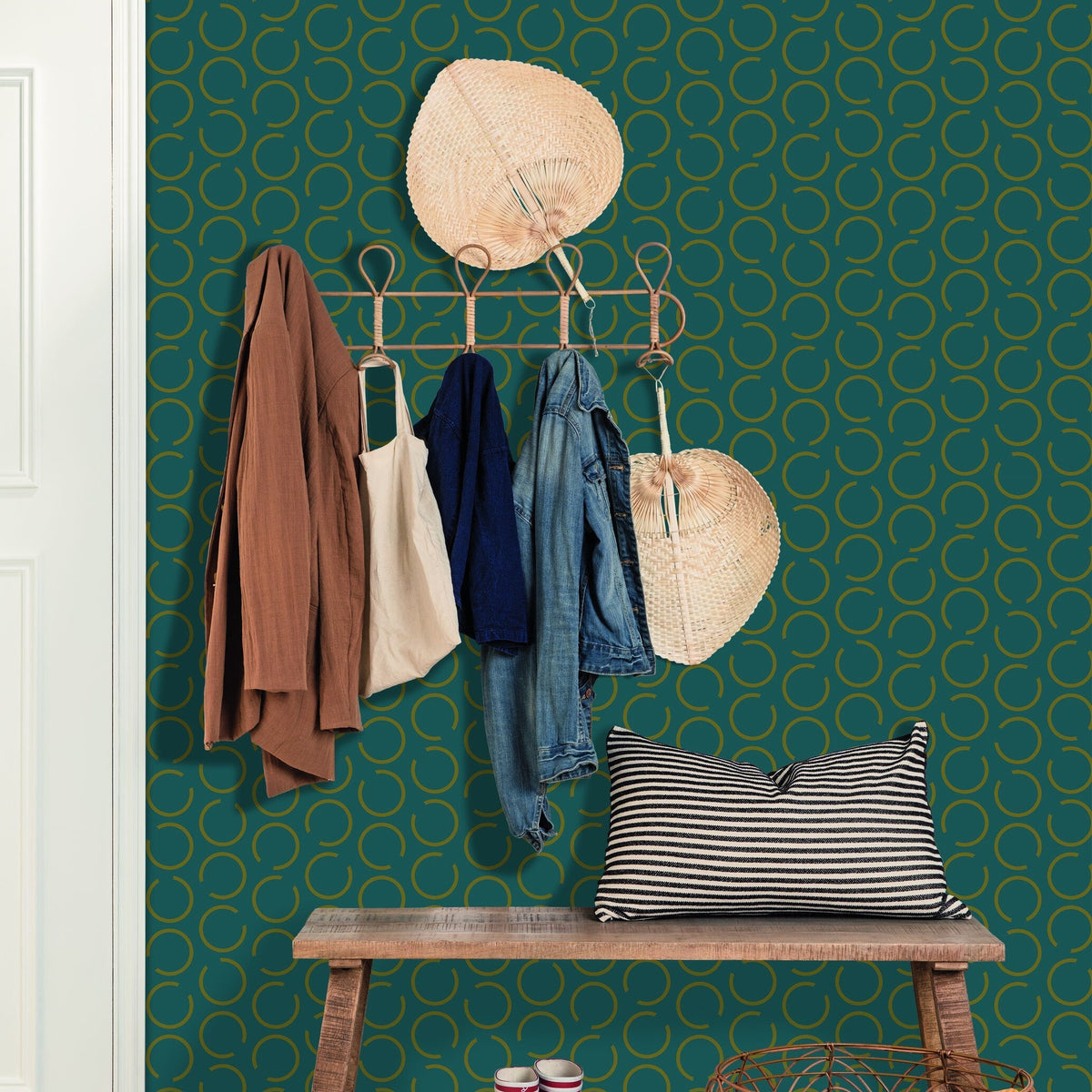 Around the Clock Teal Blue Gold wallpaper in a styled room