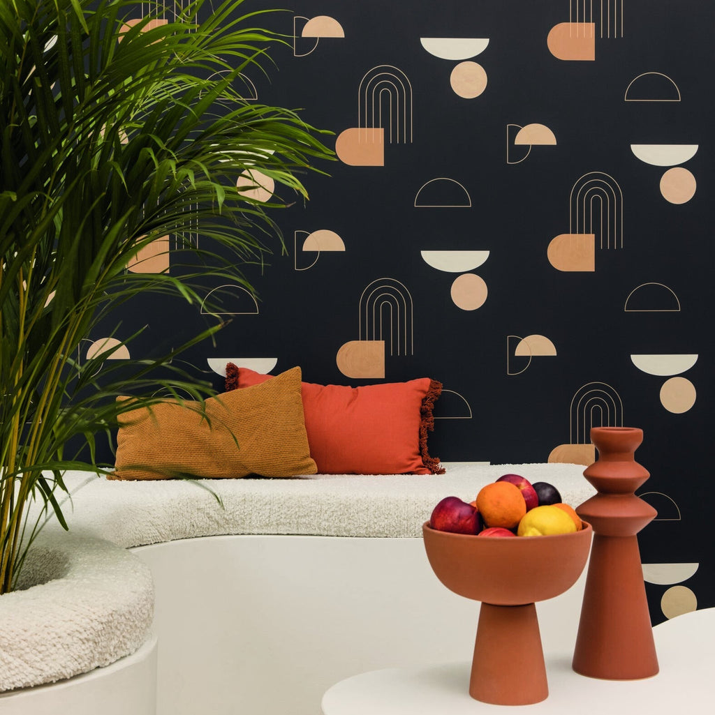 Turn Around Black Beige Gold wallpaper in a styled room