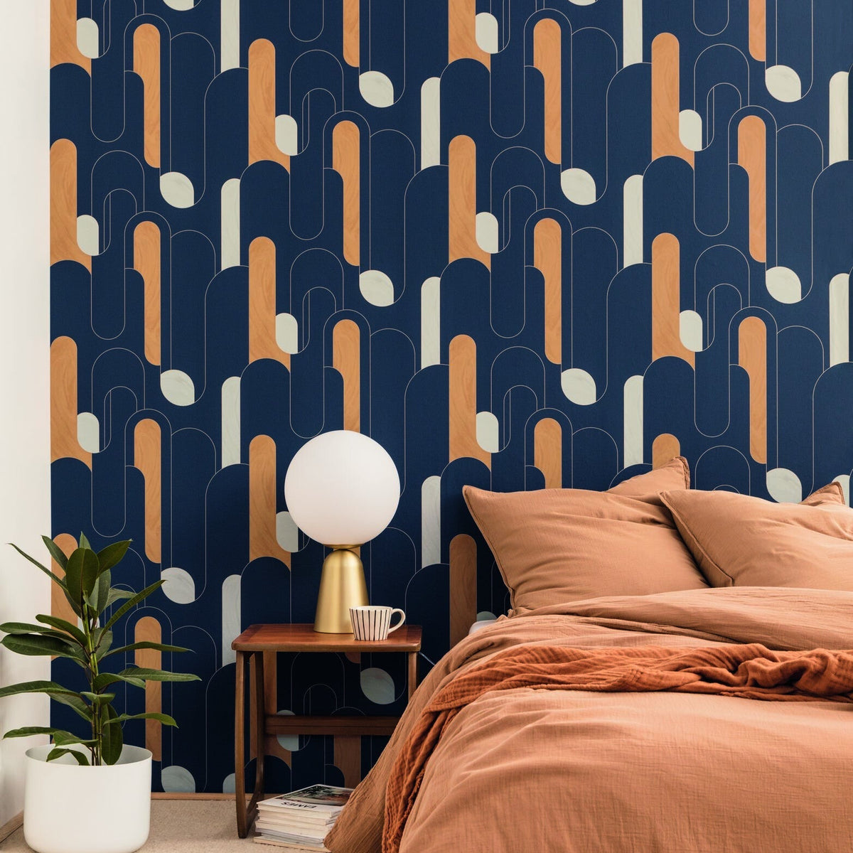 Up and Around Midnight Blue Gold wallpaper in a styled room