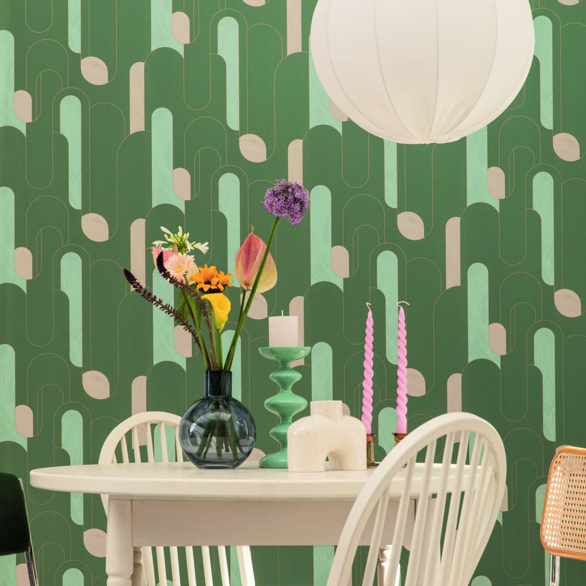 Up and Around Khaki Blue Gold wallpaper in a styled room