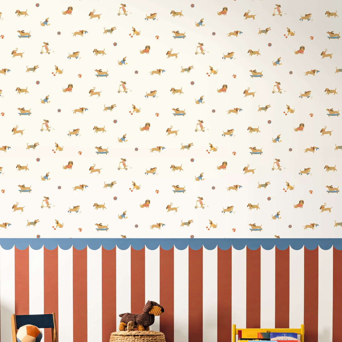 Teckel Animal Theme Red and Blue kids wallpaper close-up