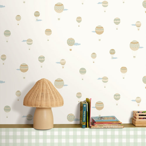 Balloon Adventure Beige and Green kids wallpaper