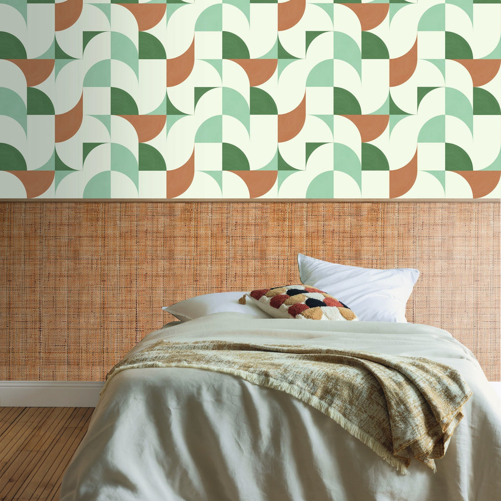 Look Around Khaki Blue wallpaper styled with base wallcovering in a room
