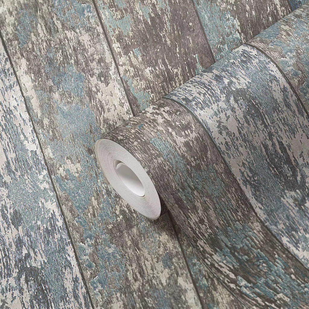 Roll of textured wallpaper with a distressed wood effect