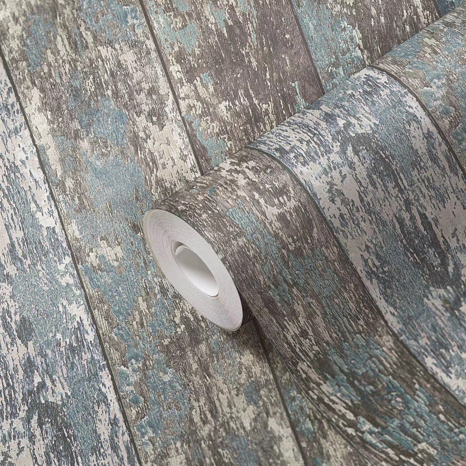Roll of textured wallpaper with a distressed wood effect