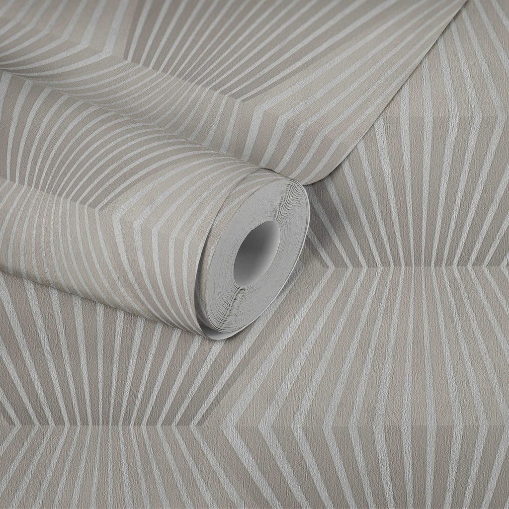 Roll of beige and white striped wallpaper on a matching background