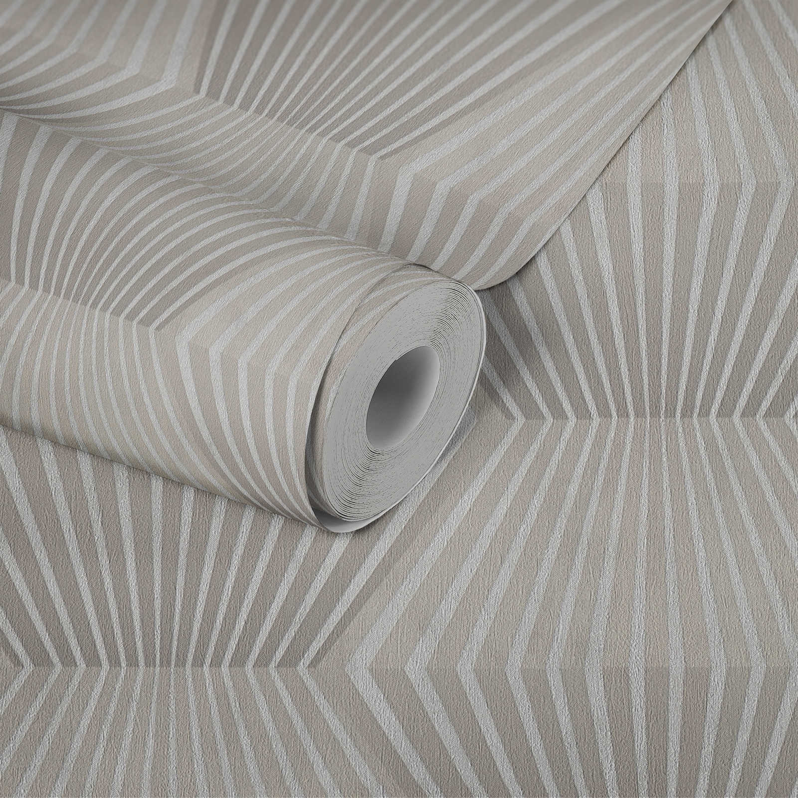 Roll of beige and white striped wallpaper on a matching background
