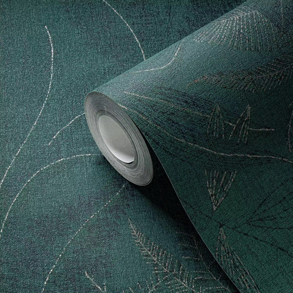 Roll of green textured wallpaper with abstract patterns