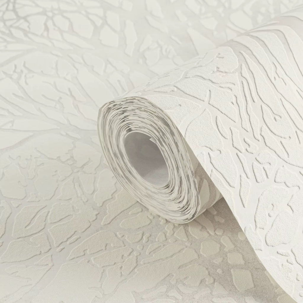 Roll of textured white wallpaper on a matching background