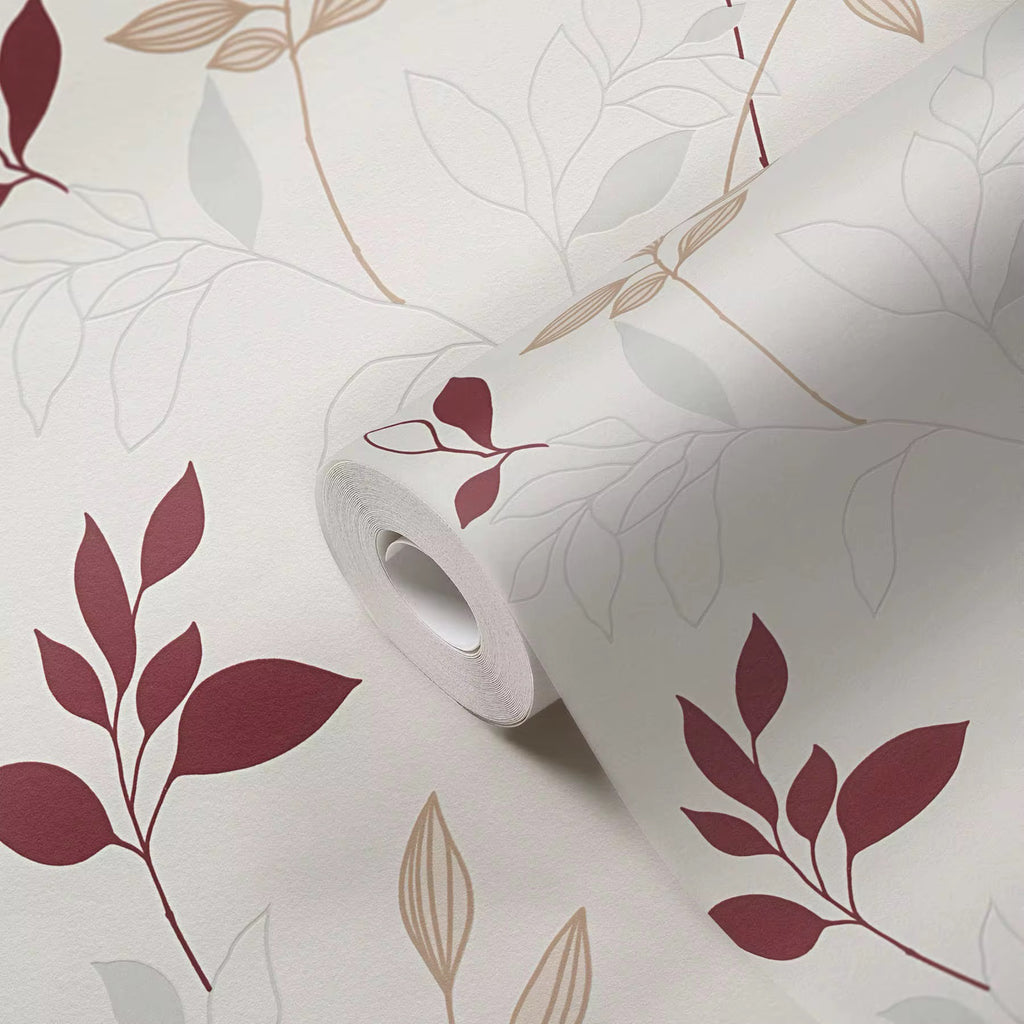 Roll of wallpaper with red and beige leaf pattern on a white background