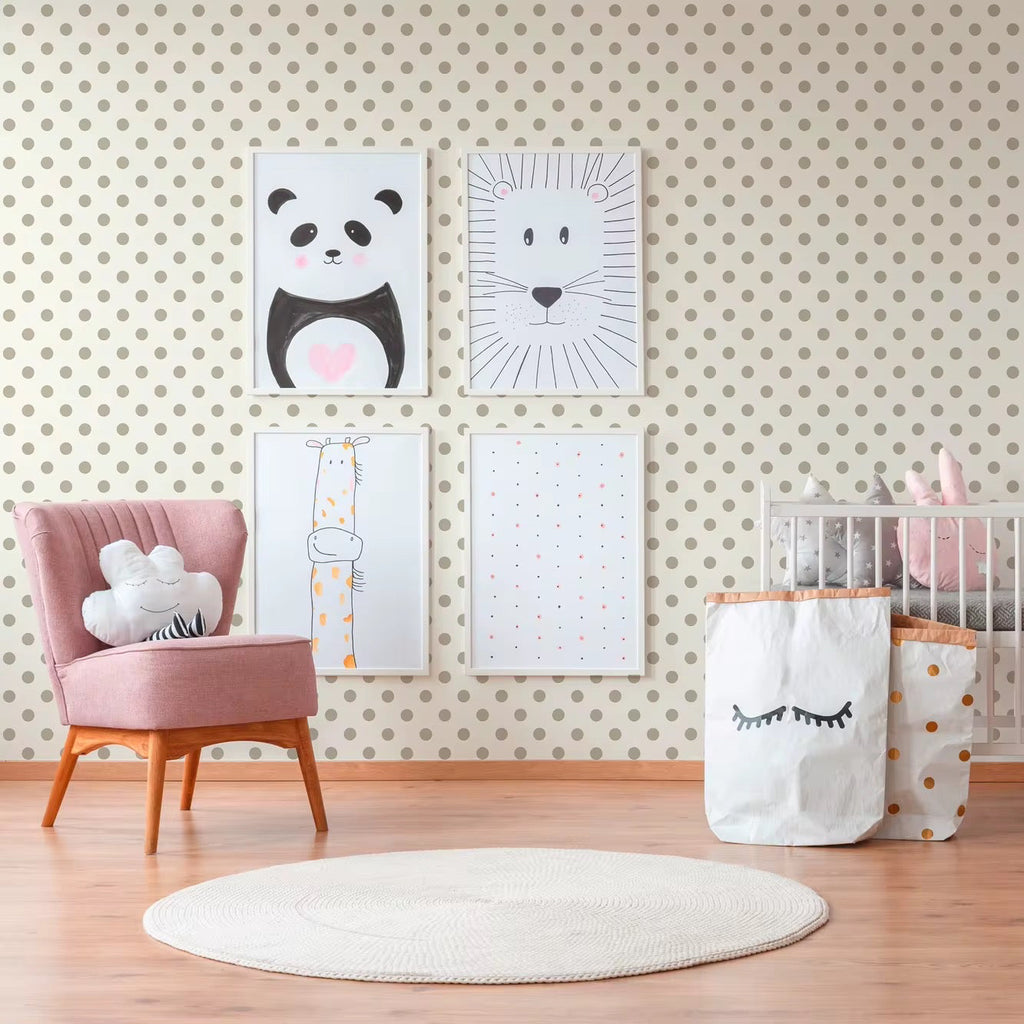 Children's room with crib, chair, and wall art featuring a panda and bear.